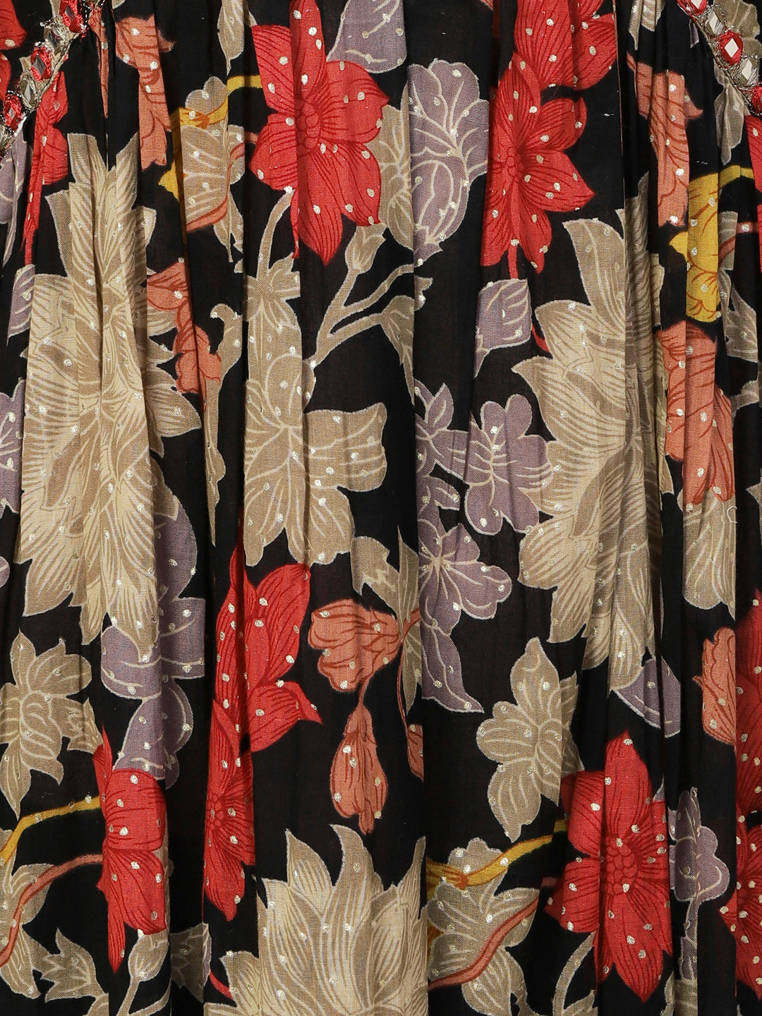 Floral Printed Mirror Embroidered Flared Kurta With Pants & Dupatta - Black