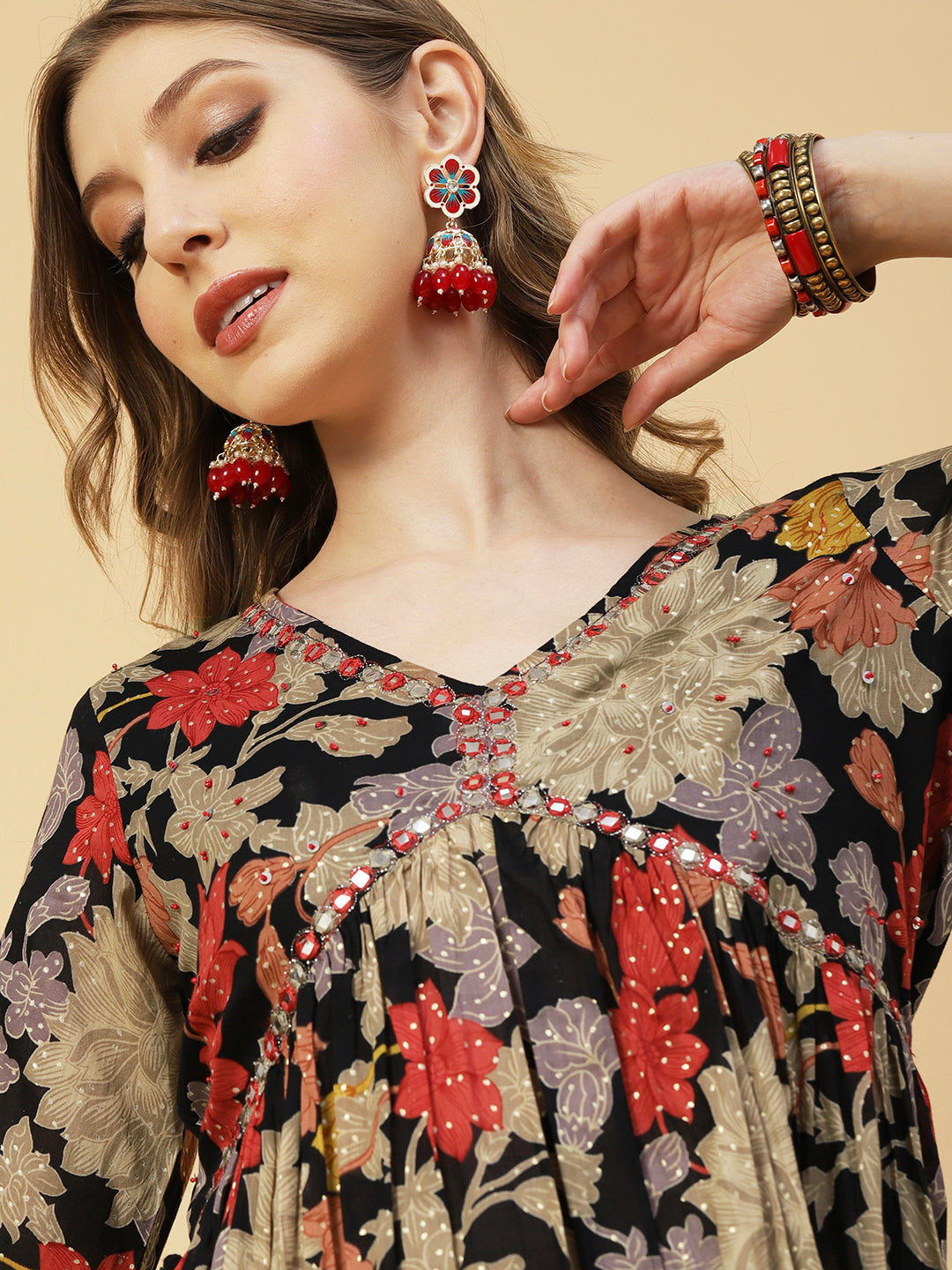 Floral Printed Mirror Embroidered Flared Kurta With Pants & Dupatta - Black