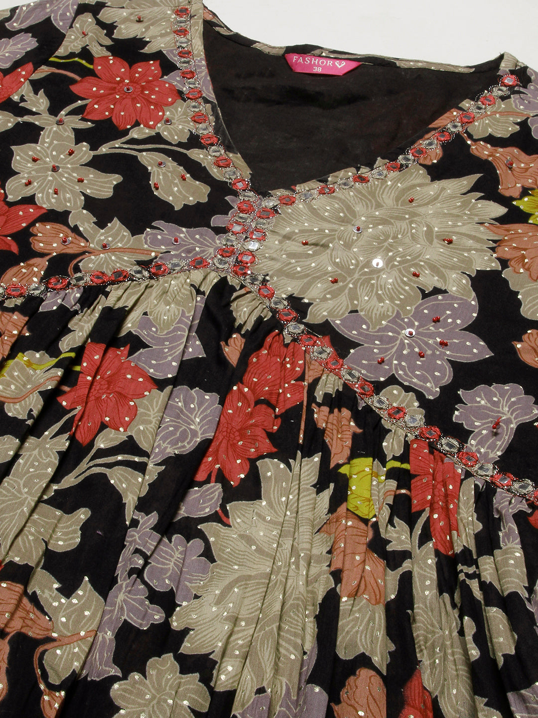 Floral Printed Mirror Embroidered Flared Kurta With Pants & Dupatta - Black