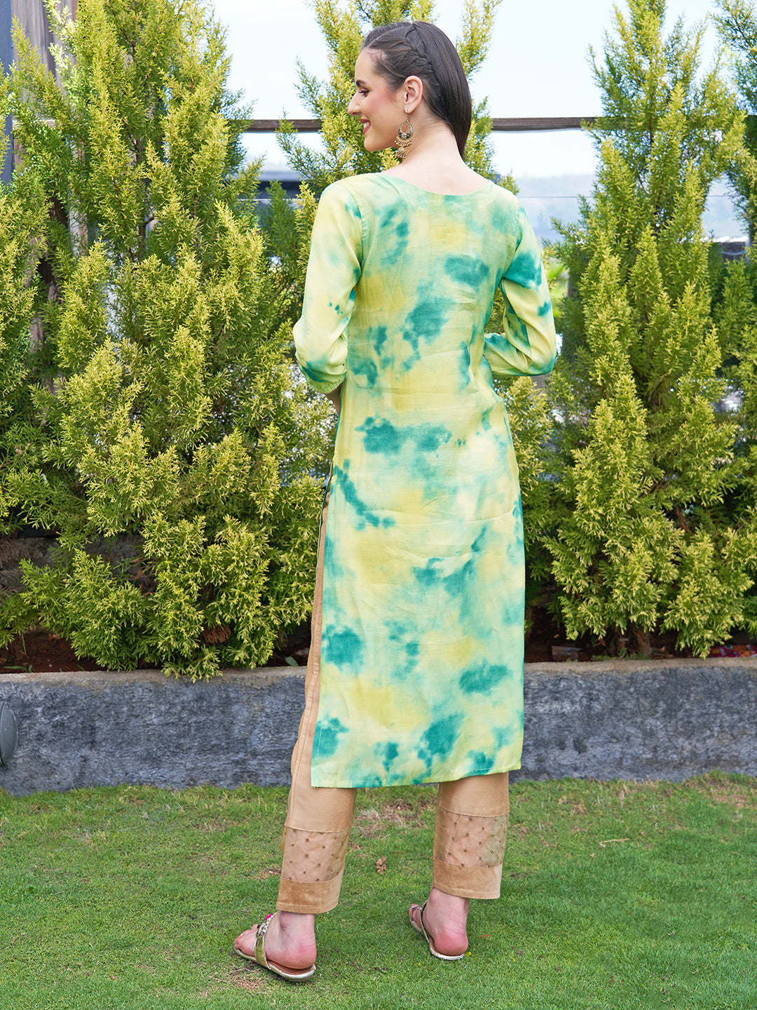 Tie - Dye Printed & Embroidered Straight Fit Kurta - Lemon Yellow