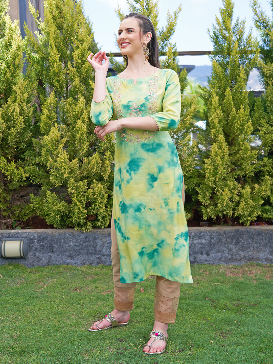 Tie - Dye Printed & Embroidered Straight Fit Kurta - Lemon Yellow