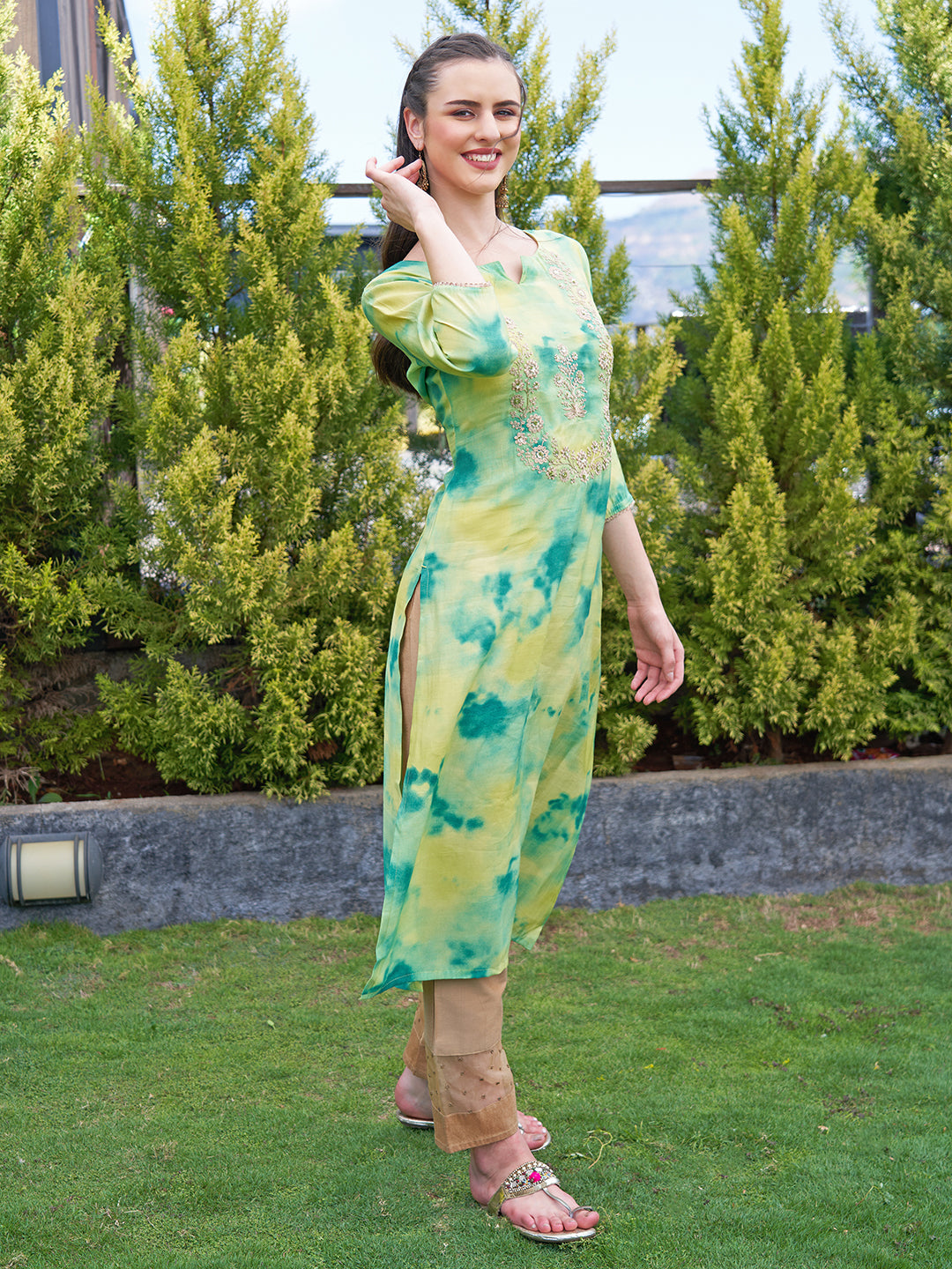 Tie - Dye Printed & Embroidered Straight Fit Kurta - Lemon Yellow