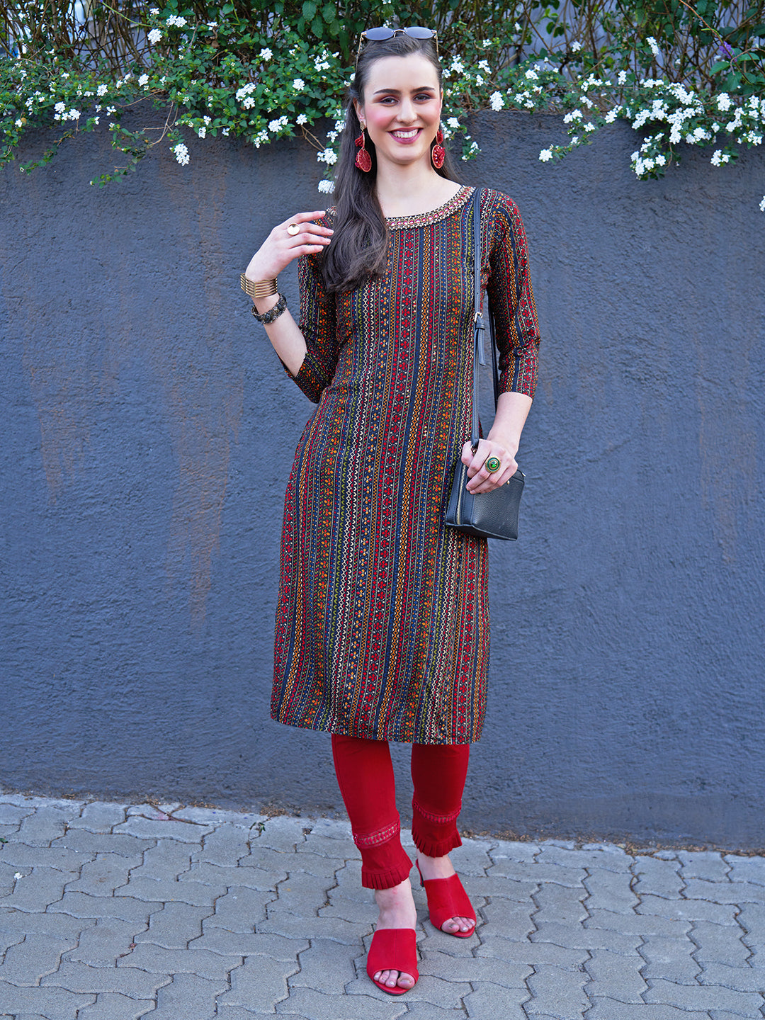 Ethnic Stripes Printed & Hand Embroidered Straight Fit Kurta - Multi