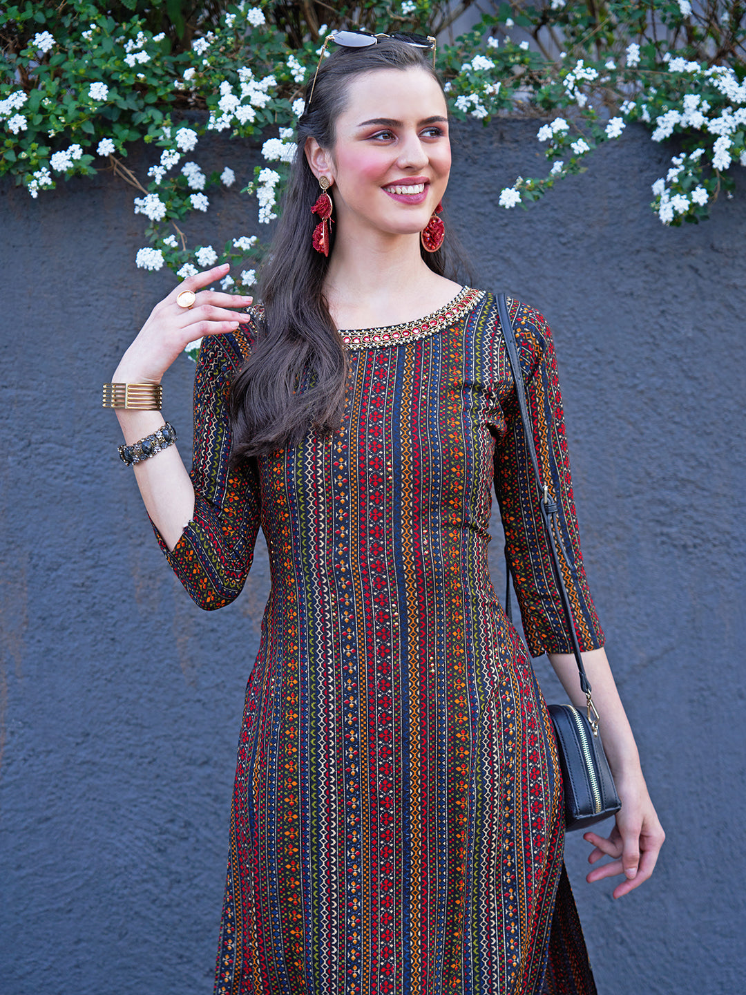 Ethnic Stripes Printed & Hand Embroidered Straight Fit Kurta - Multi