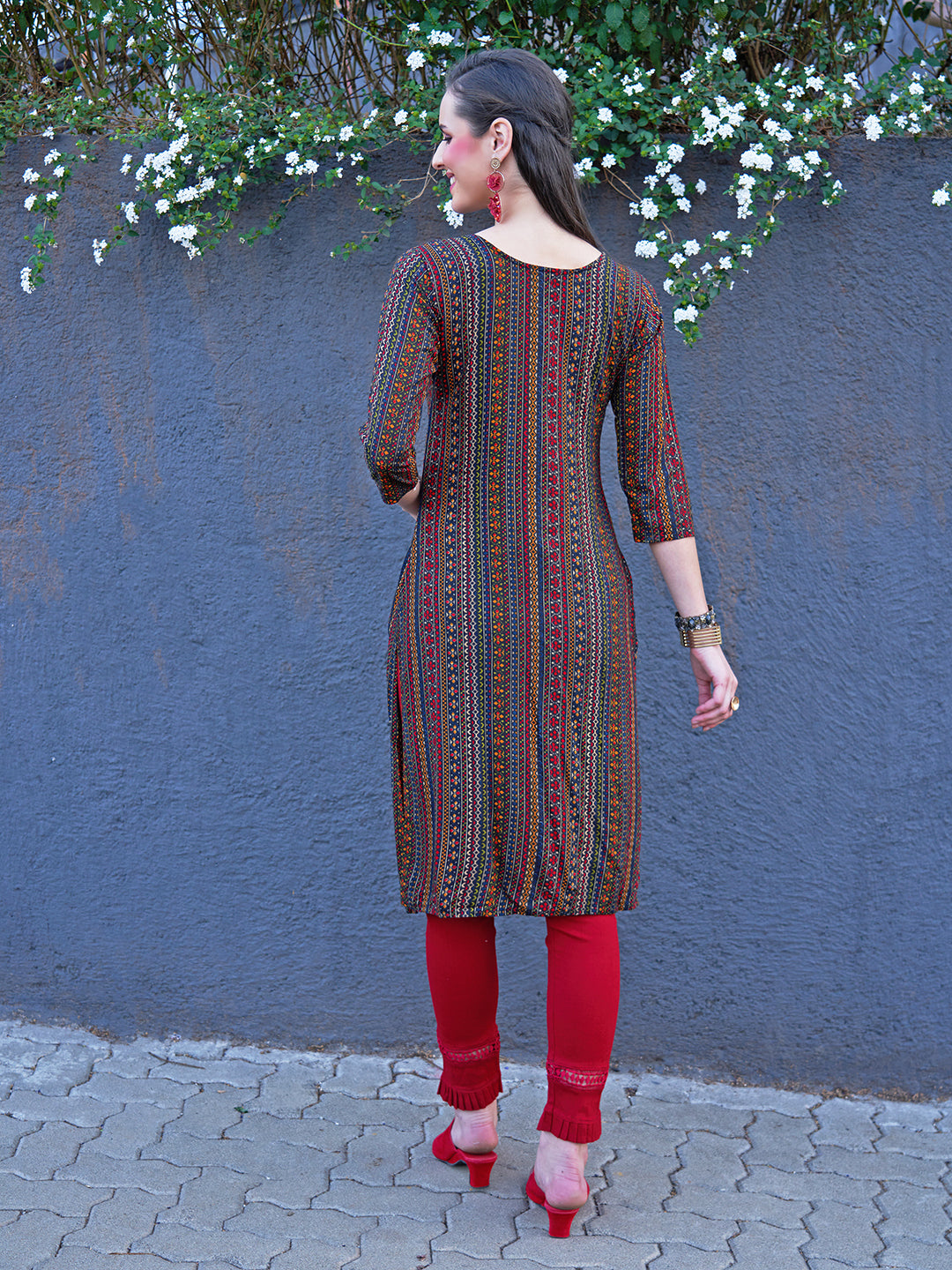 Ethnic Stripes Printed & Hand Embroidered Straight Fit Kurta - Multi