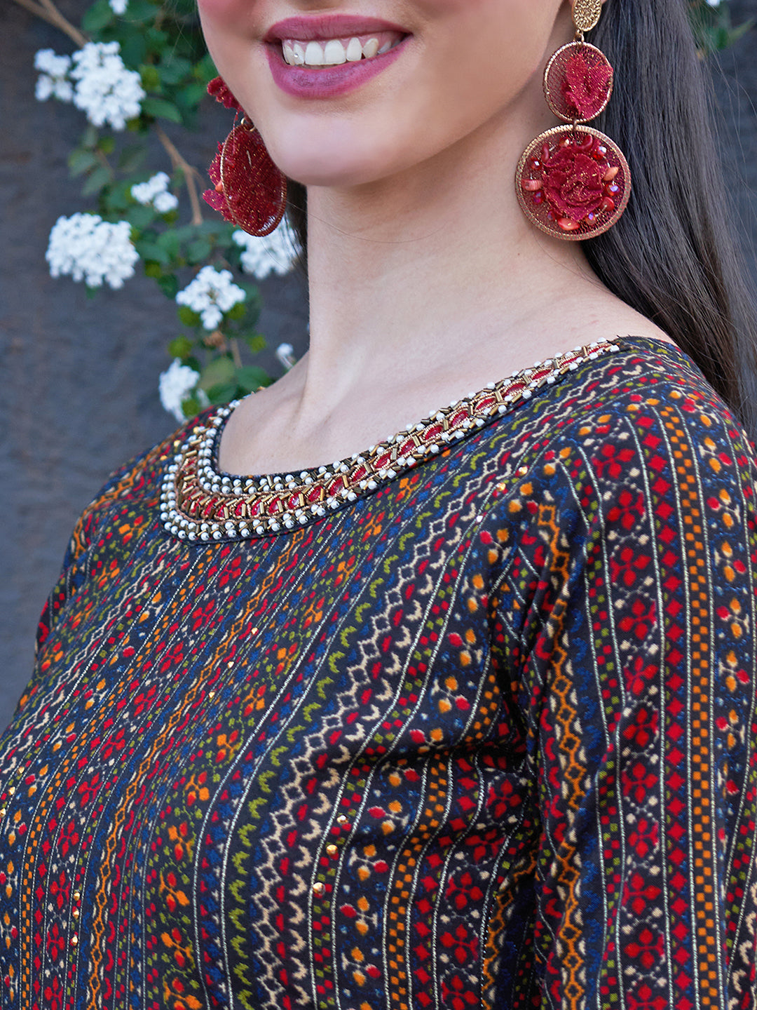 Ethnic Stripes Printed & Hand Embroidered Straight Fit Kurta - Multi