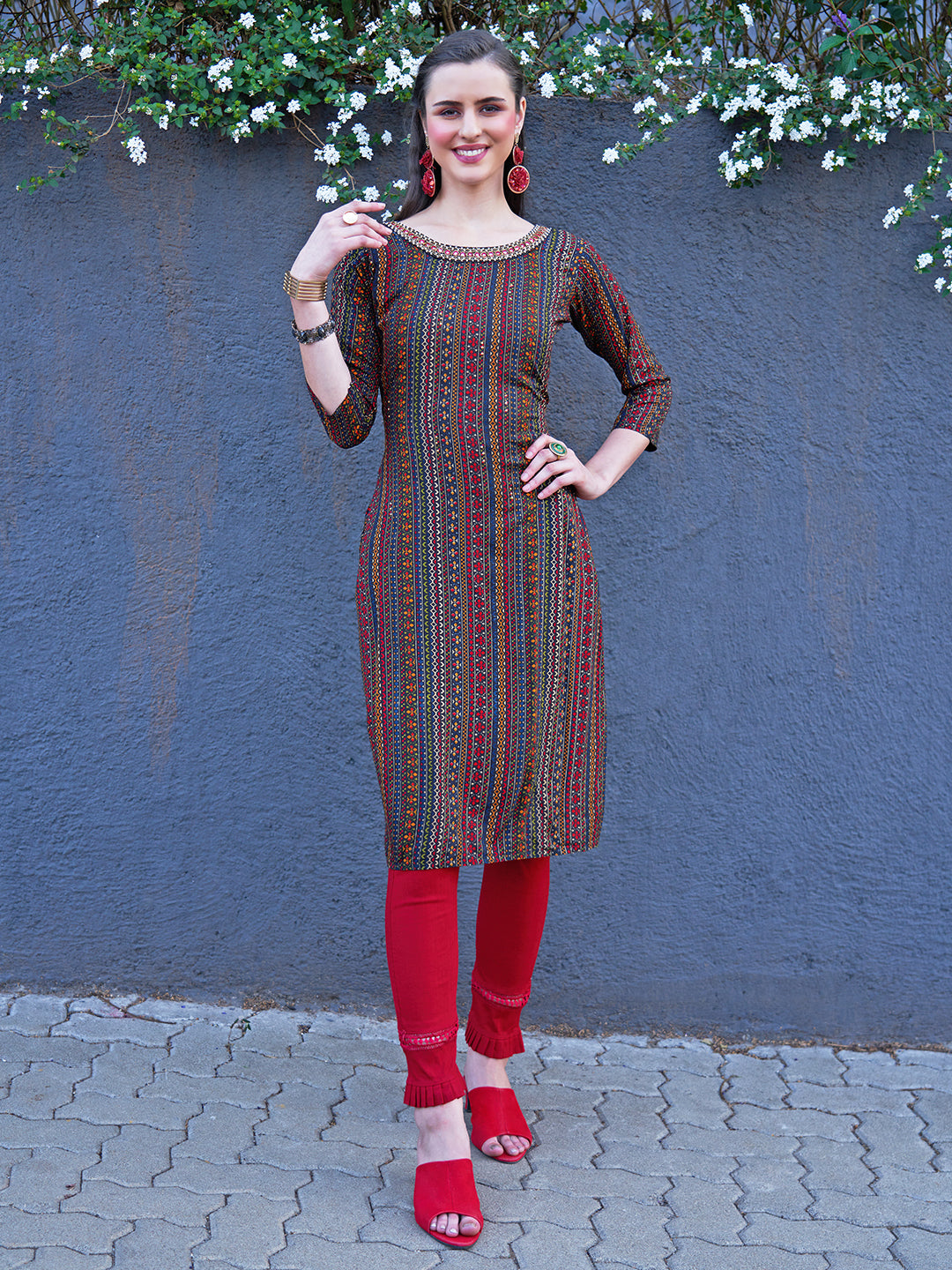 Ethnic Stripes Printed & Hand Embroidered Straight Fit Kurta - Multi