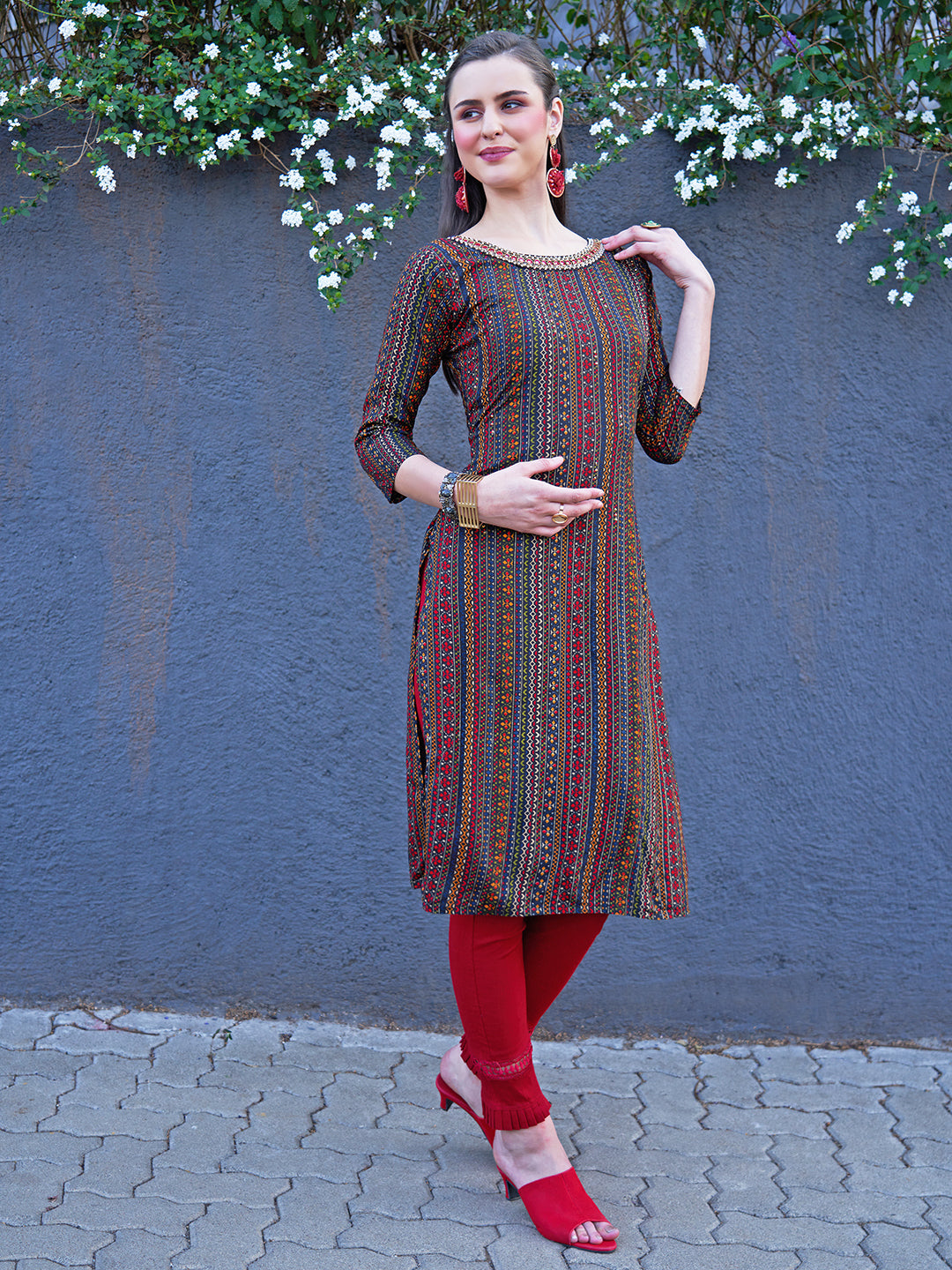 Ethnic Stripes Printed & Hand Embroidered Straight Fit Kurta - Multi