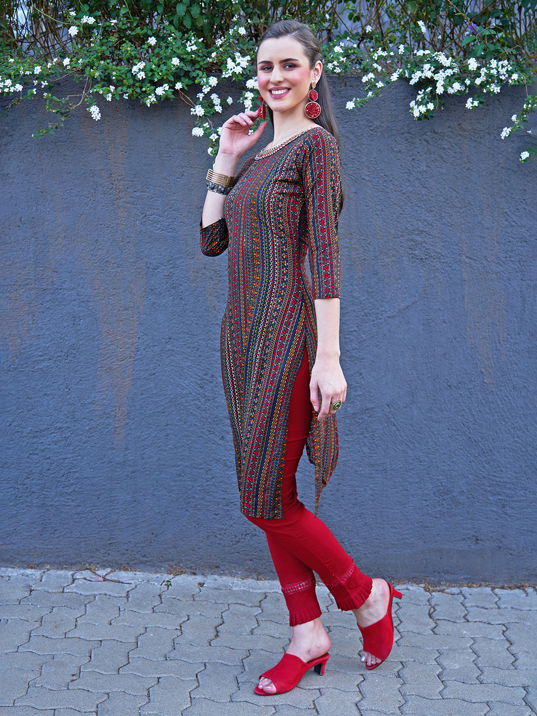 Ethnic Stripes Printed & Hand Embroidered Straight Fit Kurta - Multi