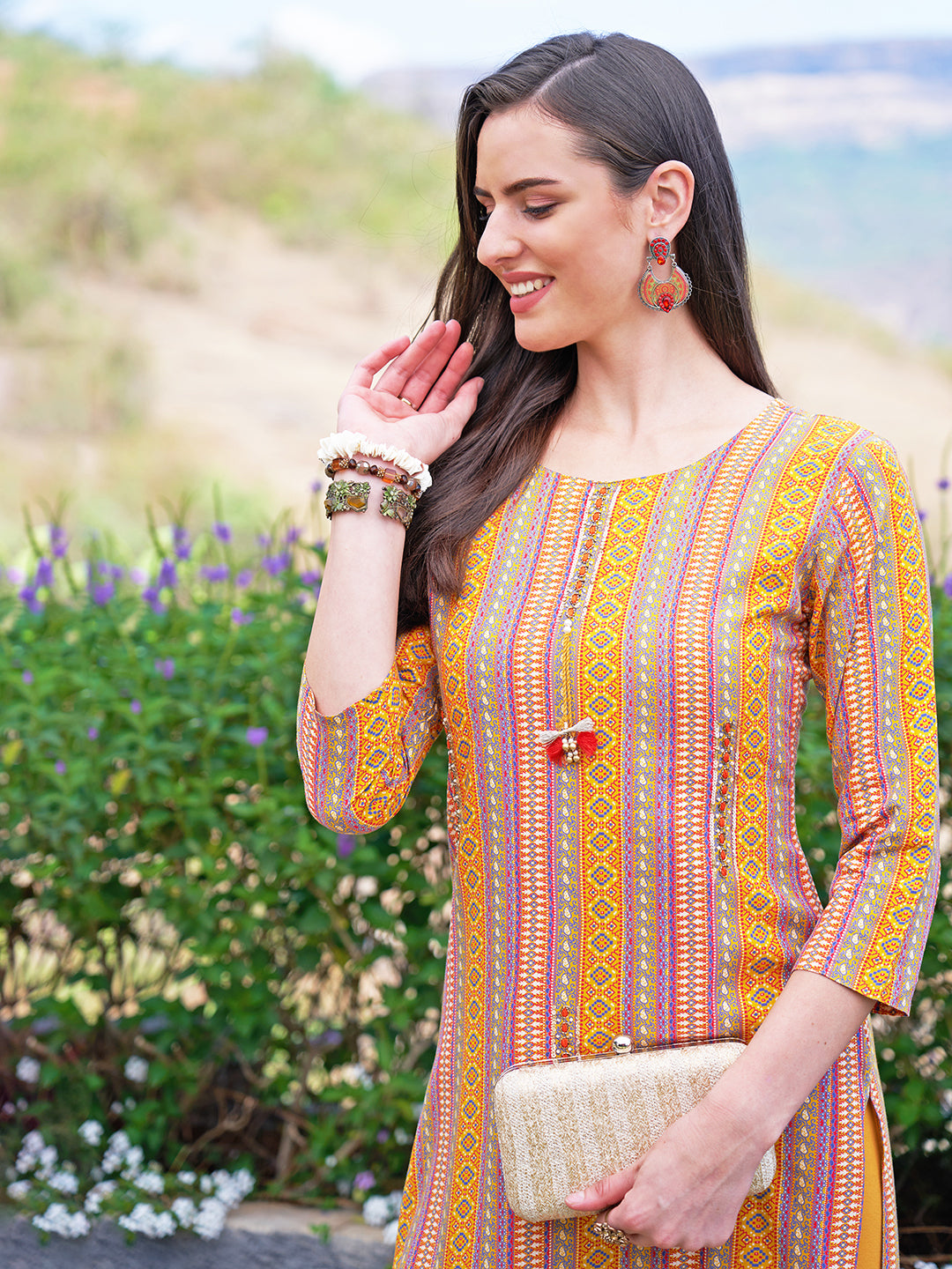 Ethnic Stripes Printed & Hand Embroidered Straight Fit Kurta - Yellow