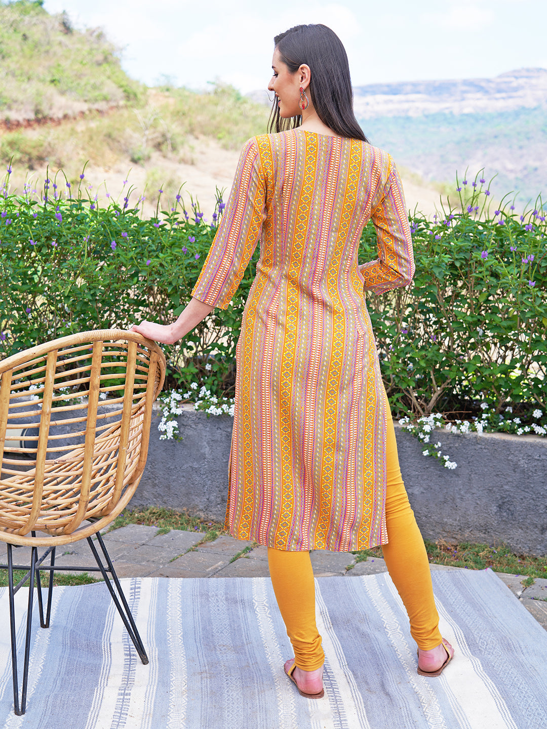 Ethnic Stripes Printed & Hand Embroidered Straight Fit Kurta - Yellow