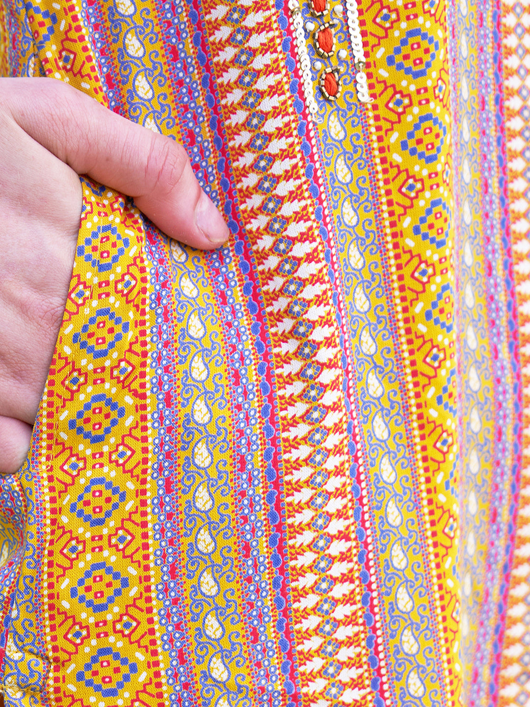 Ethnic Stripes Printed & Hand Embroidered Straight Fit Kurta - Yellow