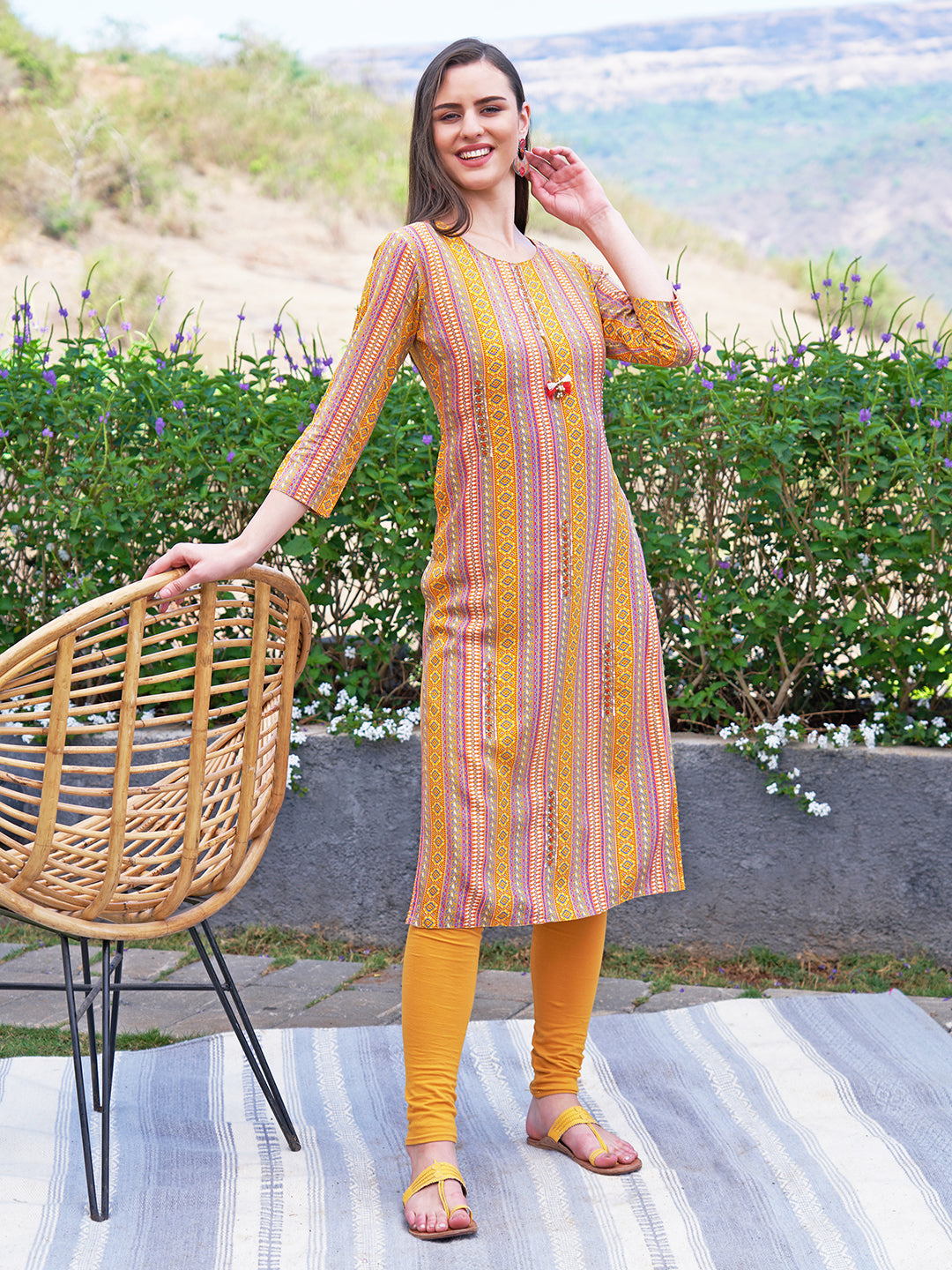 Ethnic Stripes Printed & Hand Embroidered Straight Fit Kurta - Yellow
