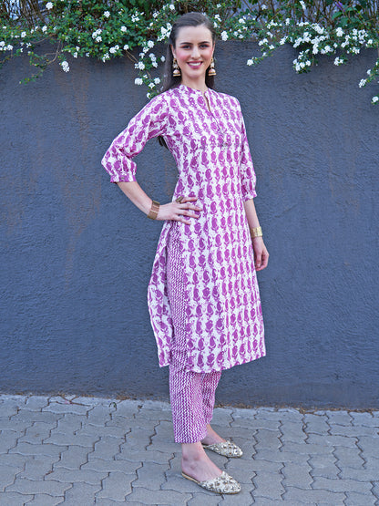 Ethnic Printed & Embroidered Straight Fit Kurta with Pants - Purple