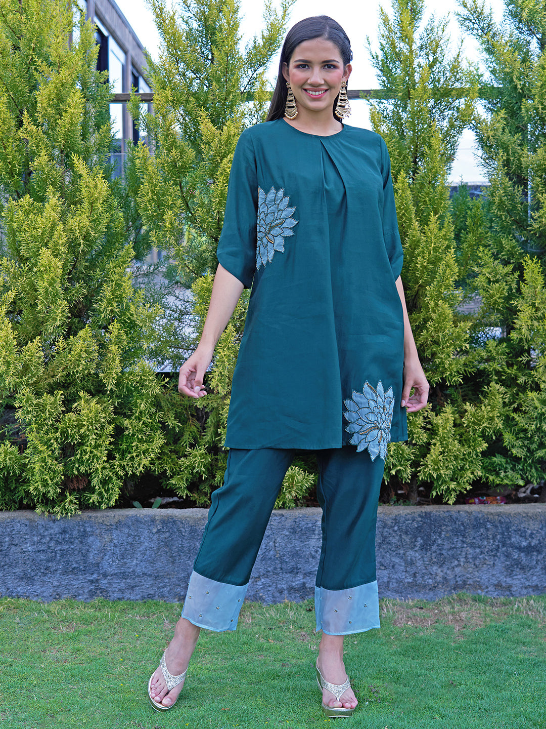 Floral Hand Embroidered Co-ords - Dark Green