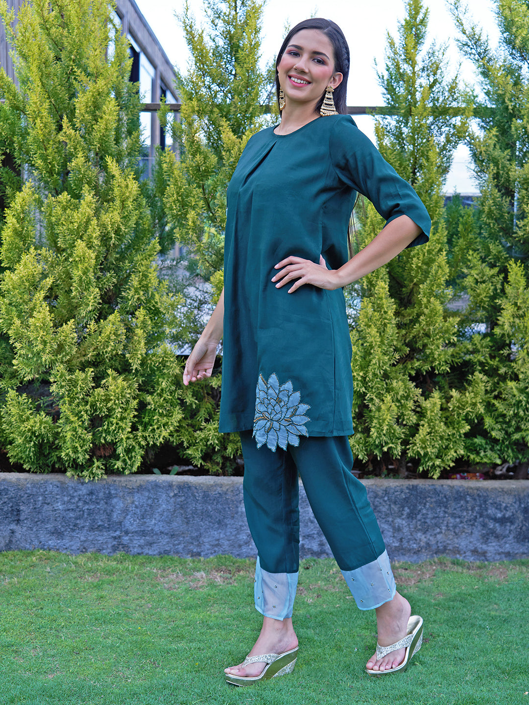 Floral Hand Embroidered Co-ords - Dark Green