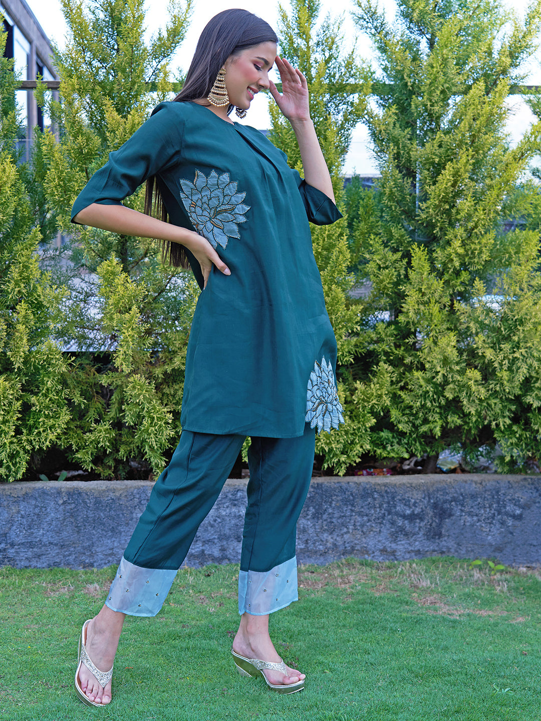 Floral Hand Embroidered Co-ords - Dark Green