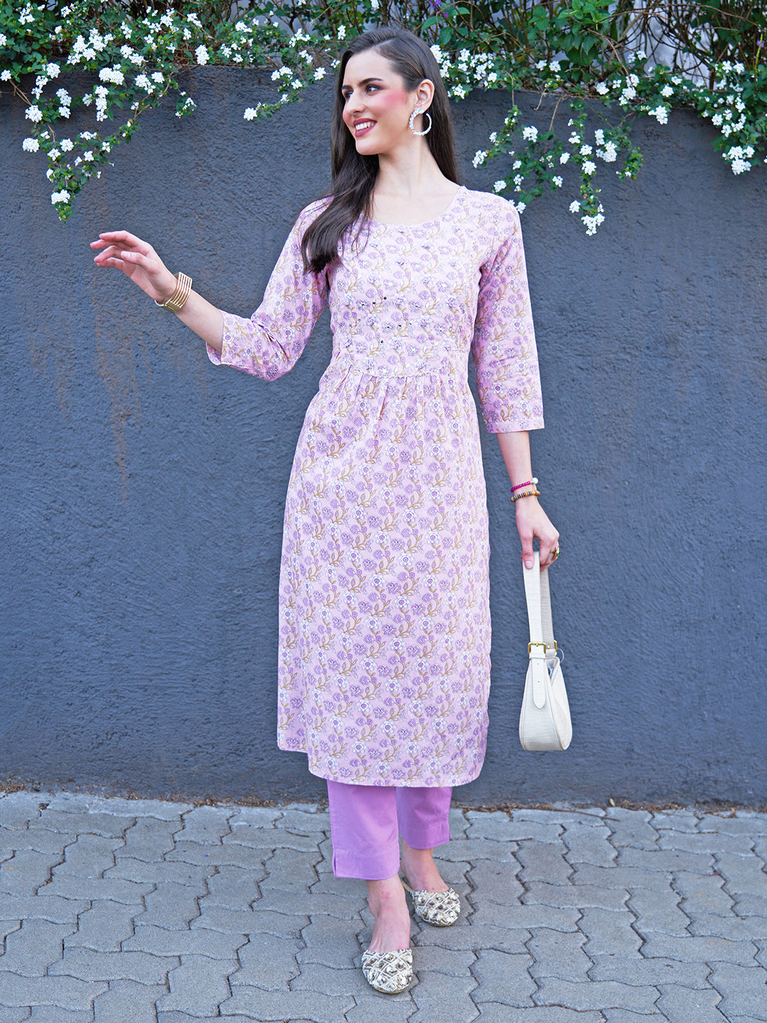 Floral Printed & Embroidered A-Line Kurta with Pants - Light Pink