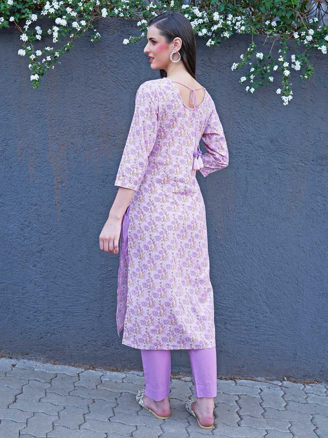 Floral Printed & Embroidered A-Line Kurta with Pants - Light Pink