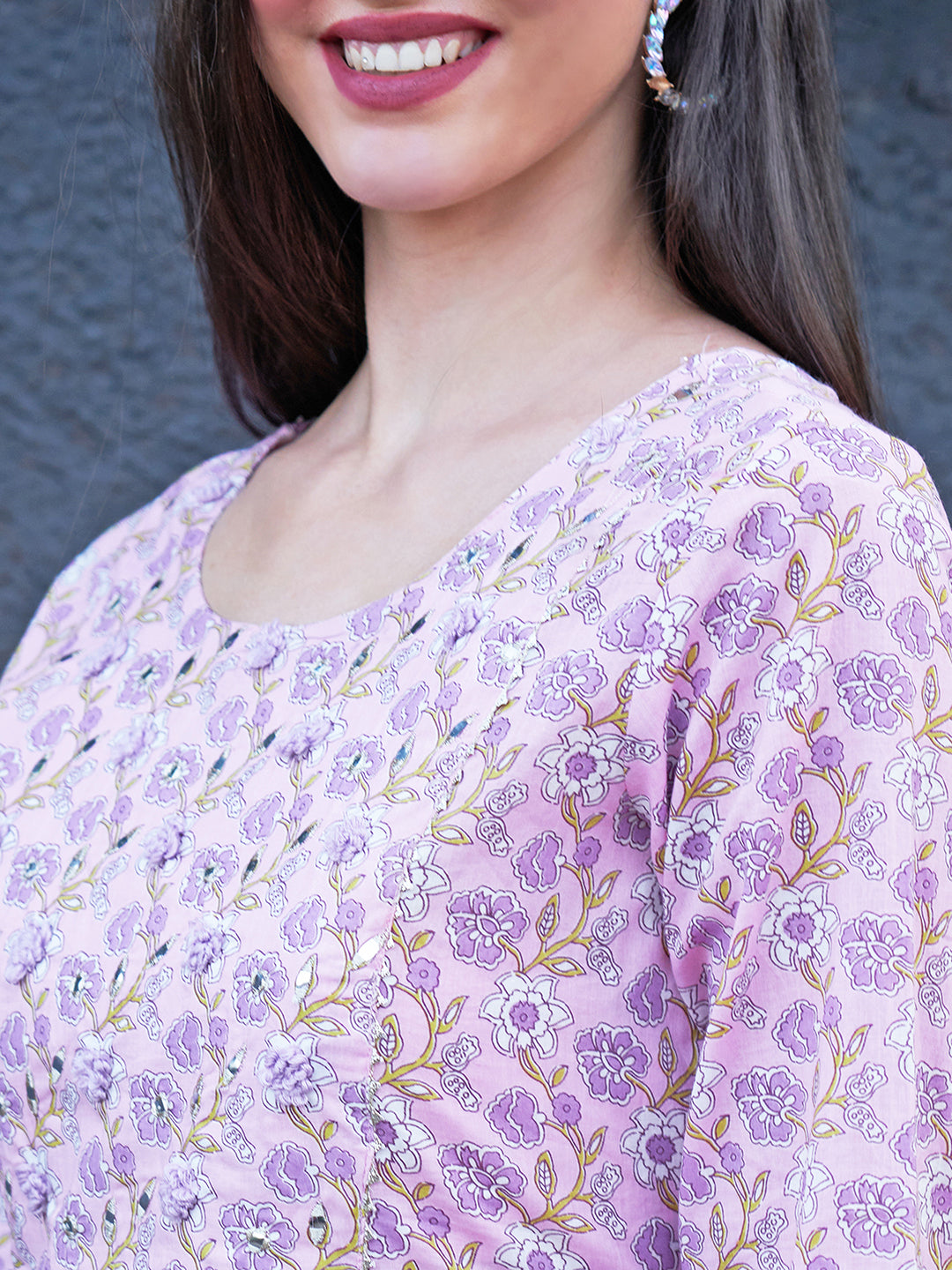 Floral Printed & Embroidered A-Line Kurta with Pants - Light Pink