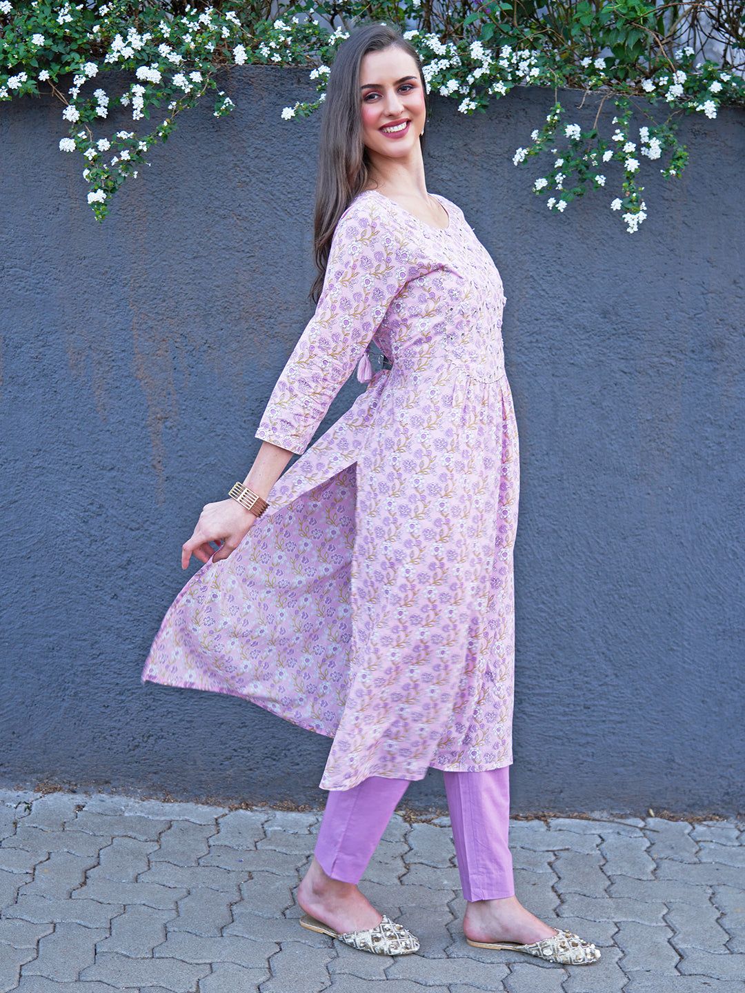 Floral Printed & Embroidered A-Line Kurta with Pants - Light Pink