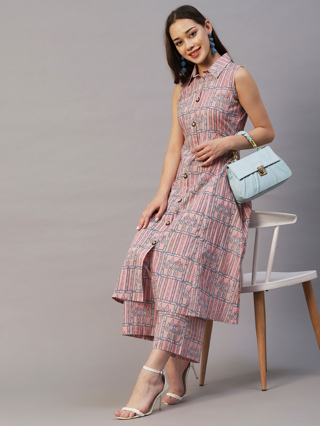 Ethnic Geometric & Stripes Printed A-Line Kurta with Palazzo - Pink