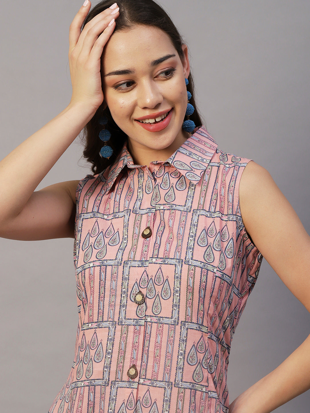 Ethnic Geometric & Stripes Printed A-Line Kurta with Palazzo - Pink