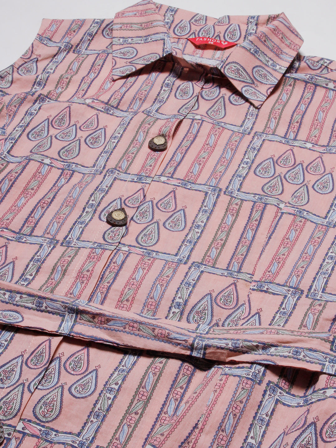 Ethnic Geometric & Stripes Printed A-Line Kurta with Palazzo - Pink