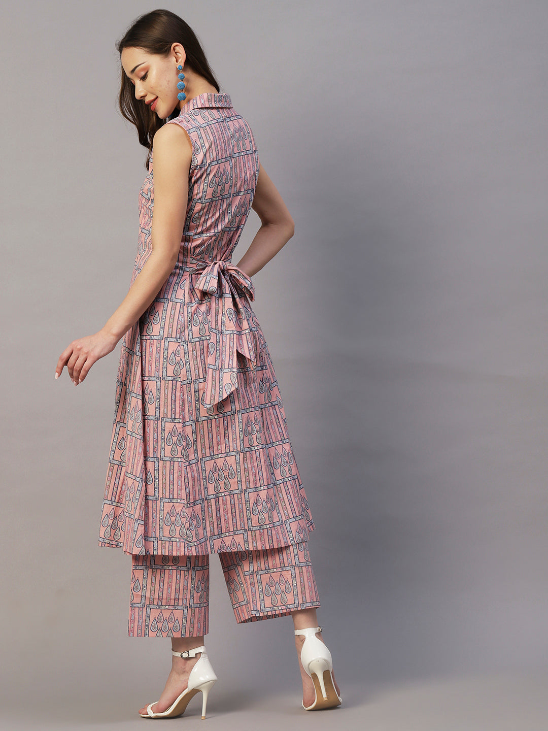 Ethnic Geometric & Stripes Printed A-Line Kurta with Palazzo - Pink