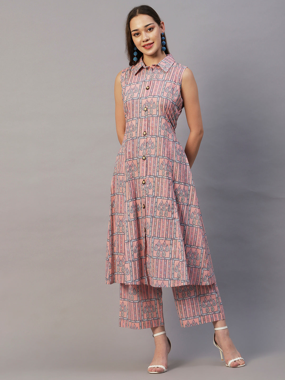 Ethnic Geometric & Stripes Printed A-Line Kurta with Palazzo - Pink