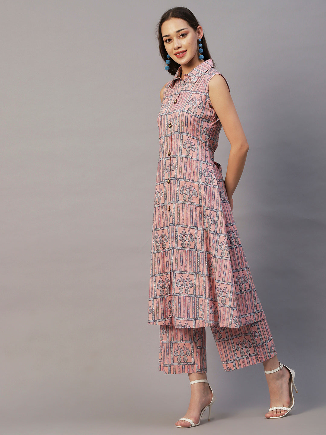 Ethnic Geometric & Stripes Printed A-Line Kurta with Palazzo - Pink