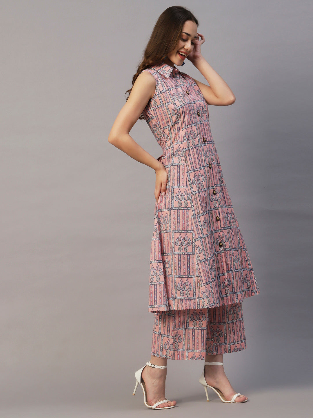 Ethnic Geometric & Stripes Printed A-Line Kurta with Palazzo - Pink
