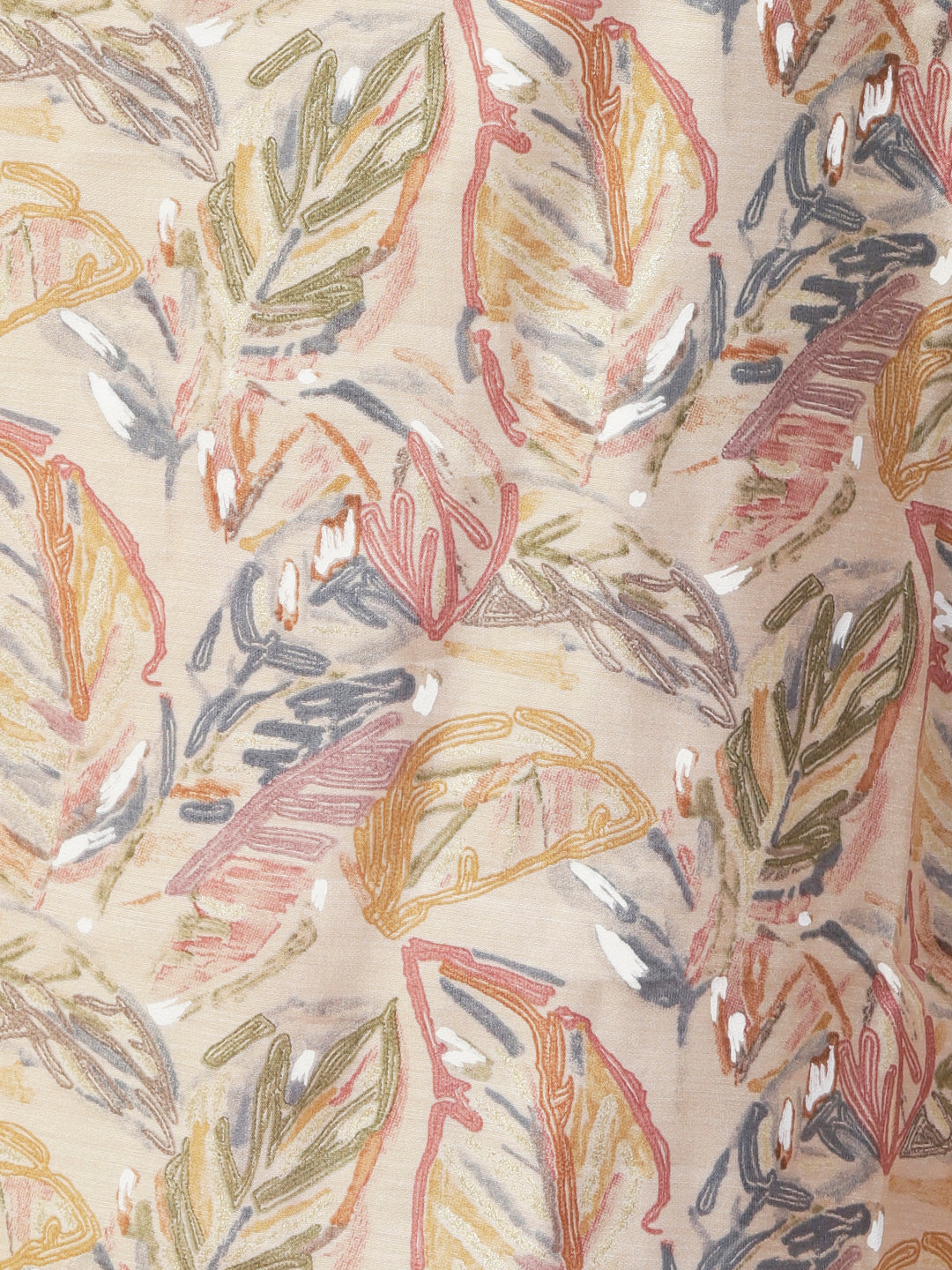 Leaf Foil Printed Sequins Embroidered Kurta With Printed Pants Set - Beige & Multi