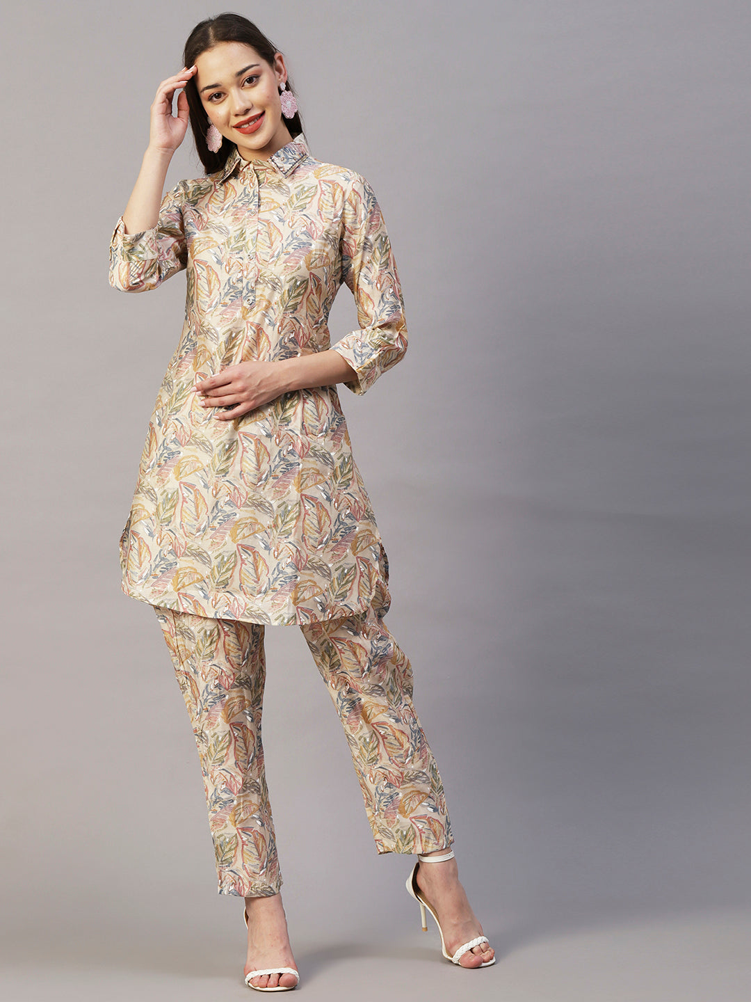 Leaf Foil Printed Sequins Embroidered Kurta With Printed Pants Set - Beige & Multi