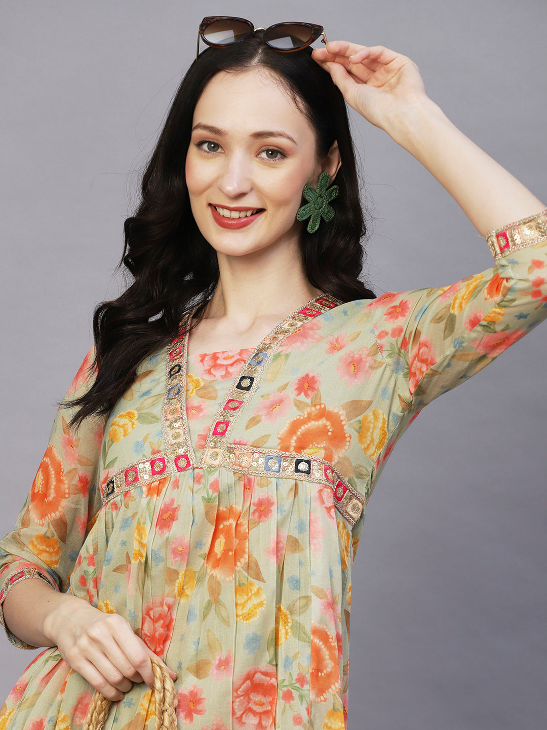 Floral Printed & Embroidered A-Line Maxi Cotton Mulmul Dress - Pastel Green