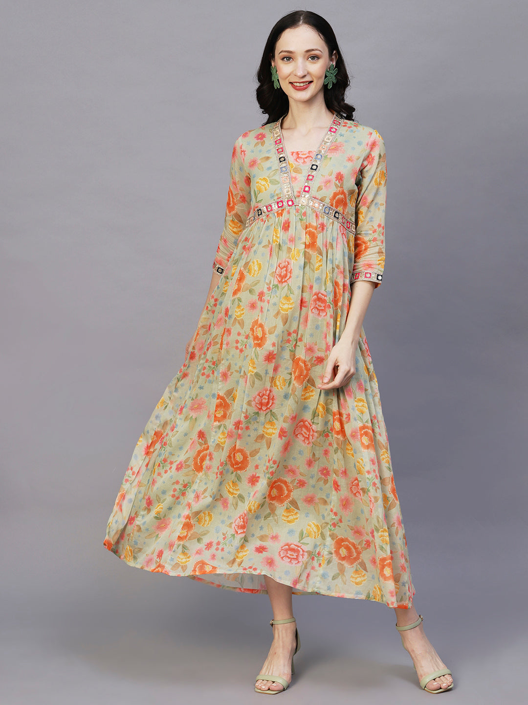 Floral Printed & Embroidered A-Line Maxi Cotton Mulmul Dress - Pastel Green