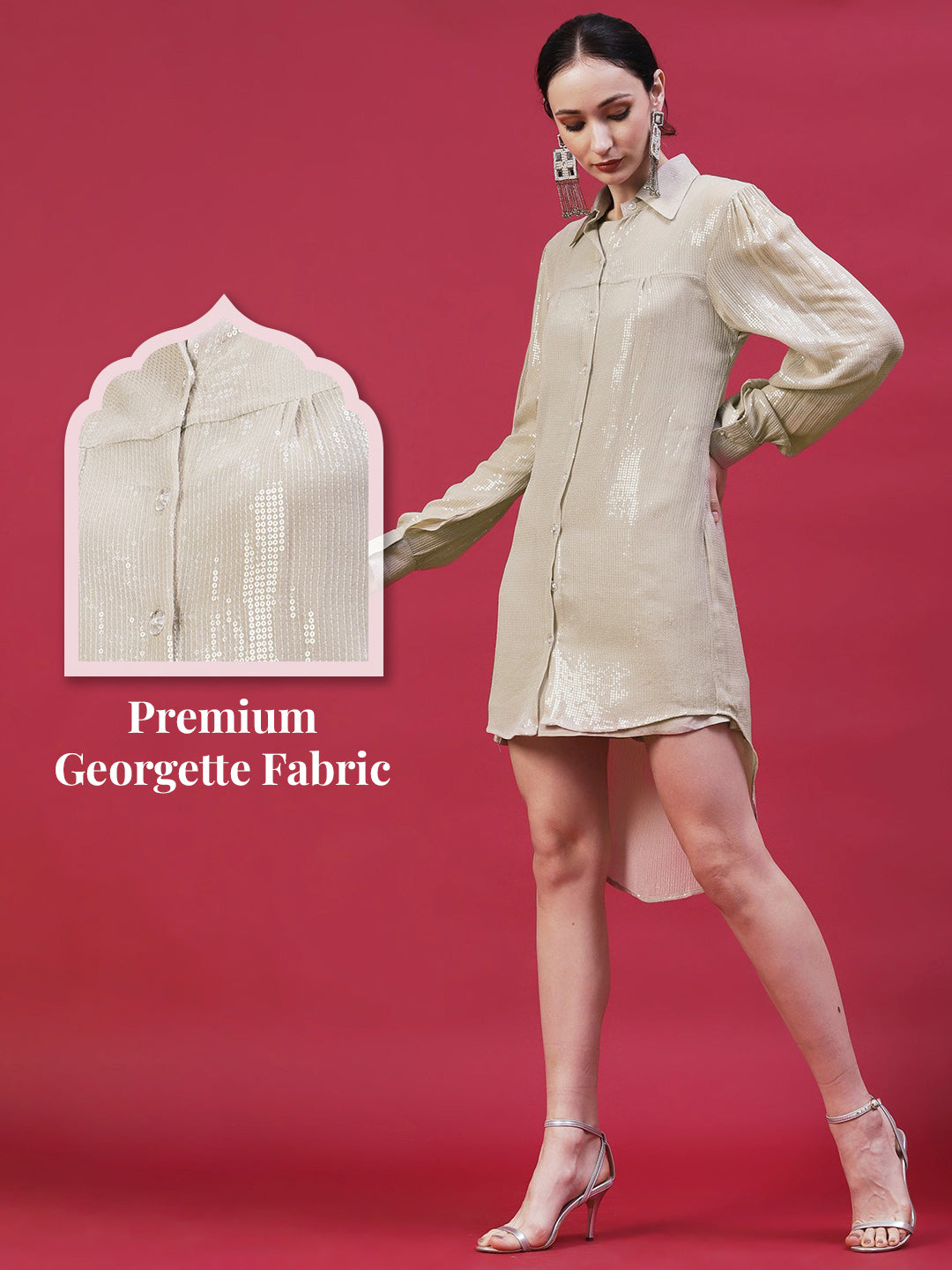 Solid Sequined Shirt Dress With A-Line Inner - Beige