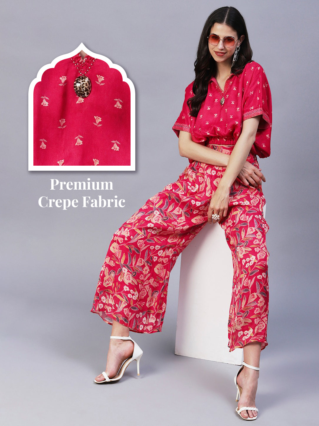 Floral Printed Cutdana Embroidered Crop Top With Floral Palazzo - Fuchsia