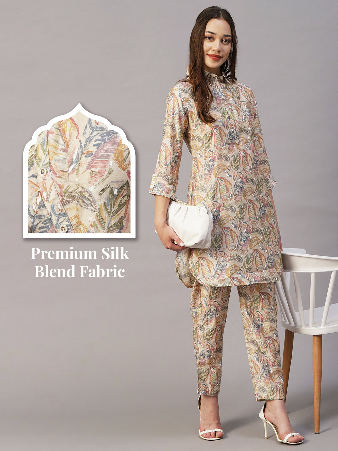 Leaf Foil Printed Sequins Embroidered Kurta With Printed Pants Set - Beige & Multi