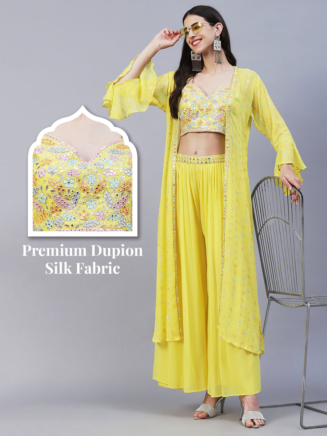 Solid Mirror & Resham Embroidered Crop Top With Embroidered jacket & Palazzo - Yellow