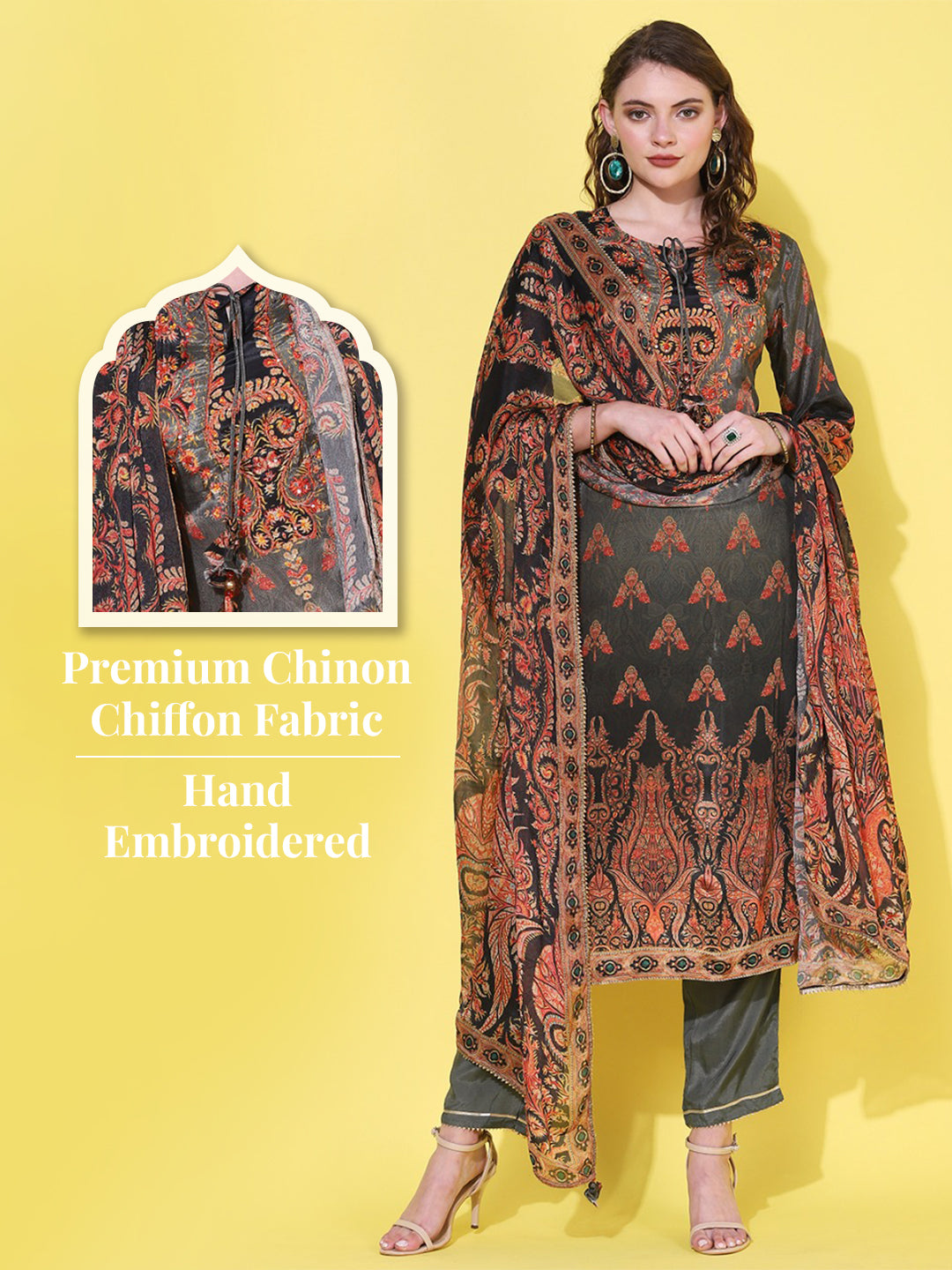 Ethnic Printed & Hand Embroidered Straight Kurta with Pant & Dupatta - Grey
