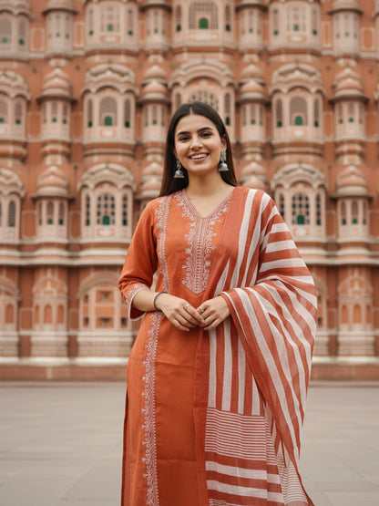 Solid Embroidered Straight Kurta with Palazzo & Dupatta - Rust