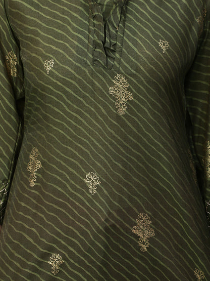 Ethnic Foil & Leheriya Printed Kurta with Dupatta - Moss Green