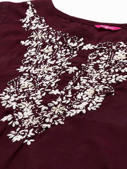 Floral Hand Embroidered Straight Kurta with Pants - Wine