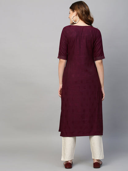 Floral Hand Embroidered Straight Kurta with Pants - Wine