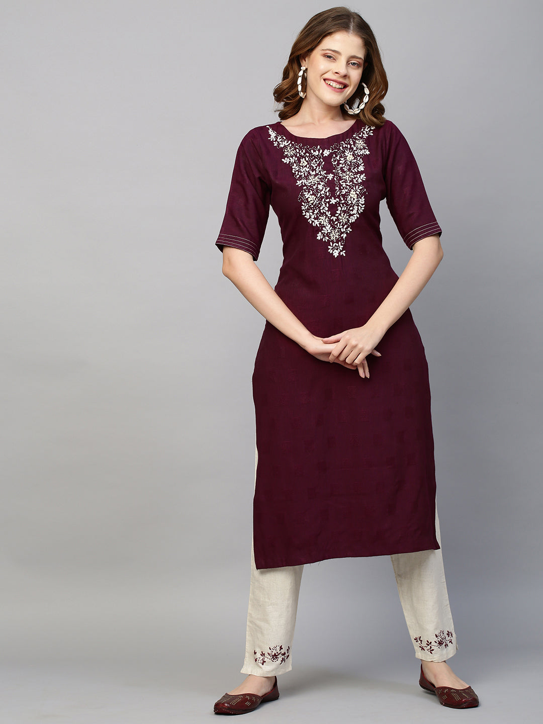Floral Hand Embroidered Straight Kurta with Pants - Wine