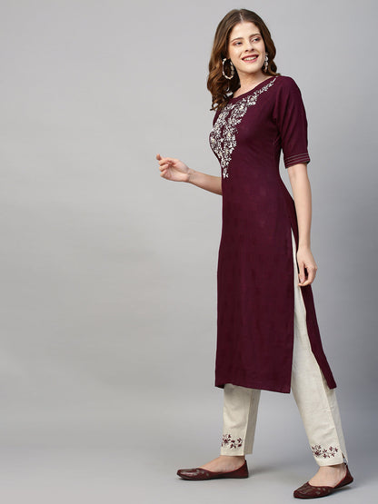 Floral Hand Embroidered Straight Kurta with Pants - Wine