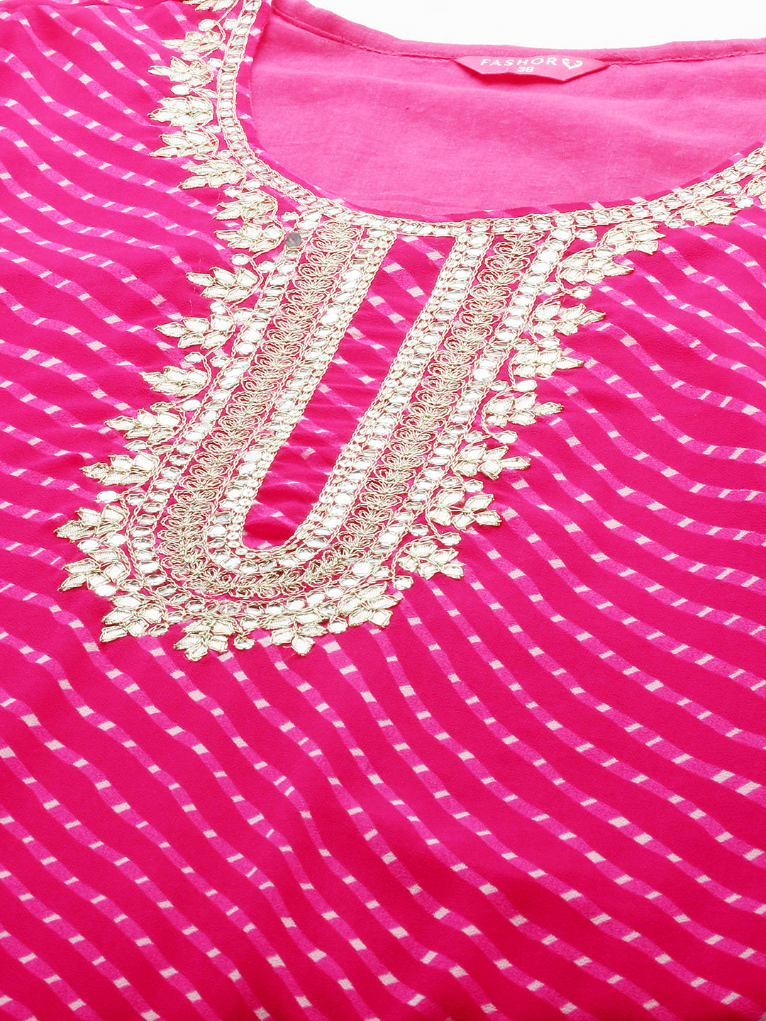 Leheriya Printed & Hand Embroidered Straight Fit Kurta - Rani Pink