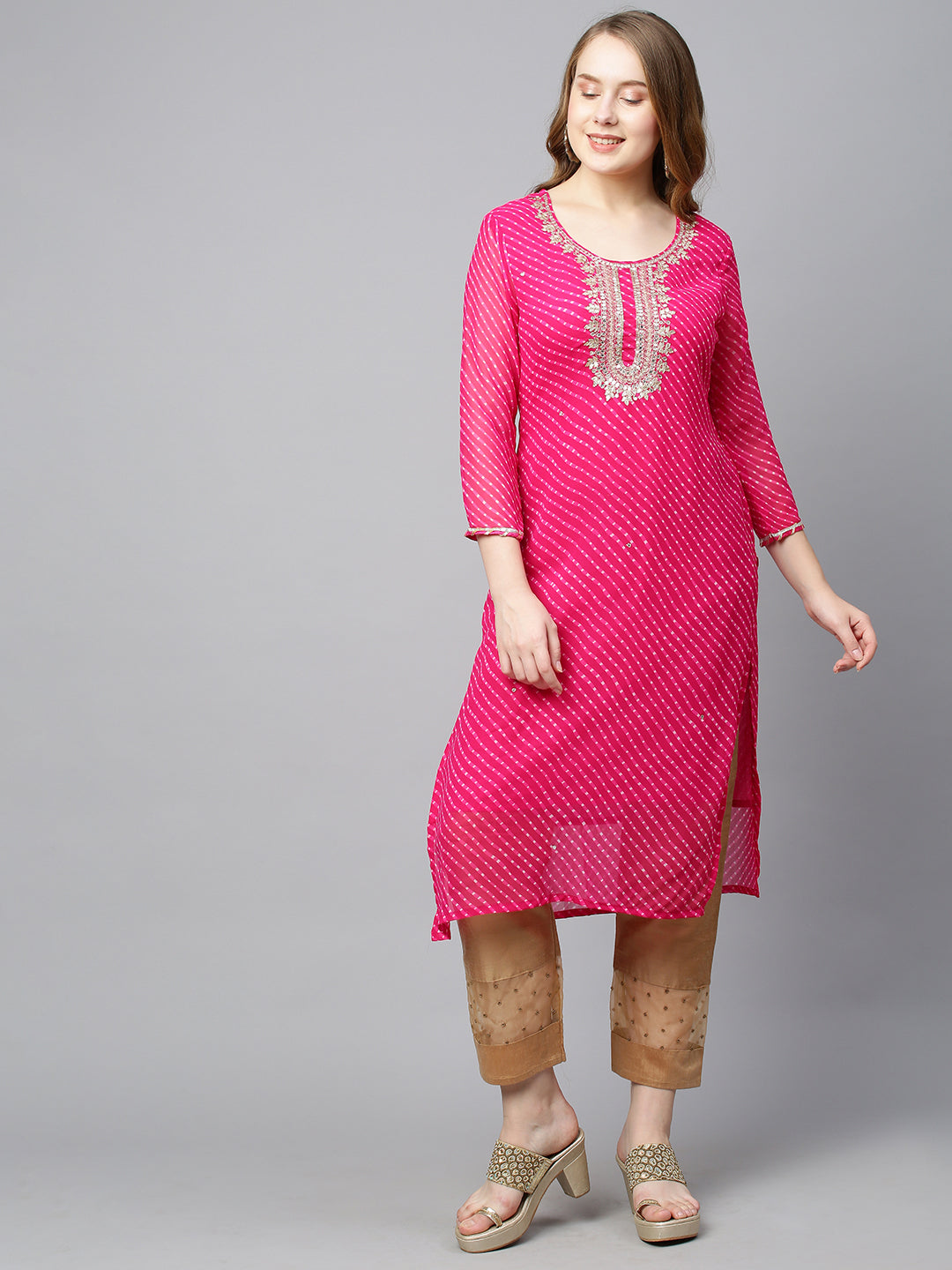 Leheriya Printed & Hand Embroidered Straight Fit Kurta - Rani Pink