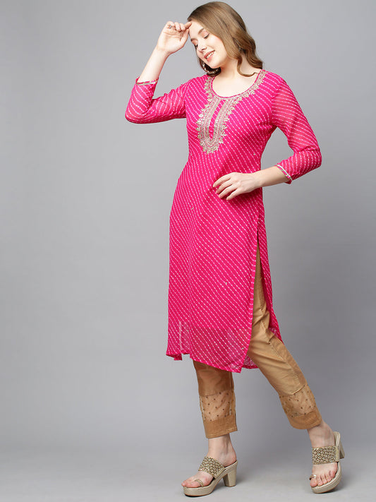 Leheriya Printed & Hand Embroidered Straight Fit Kurta - Rani Pink